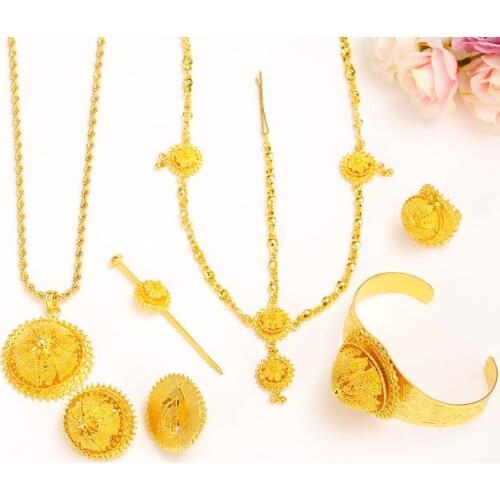 Bangrui Big Size Jewelry Sets for Ethiopian Gold Color Women Jewelry hair chain/ hair stick/ pendant /bangle/earrings/rings