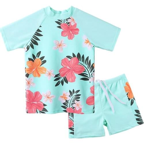 BAOHULU UPF50+ Floral Kids Swimsuit Girls Rash Guards Children Swimming Set Top+Shorts Beach Bathing Suit for 3-12Years