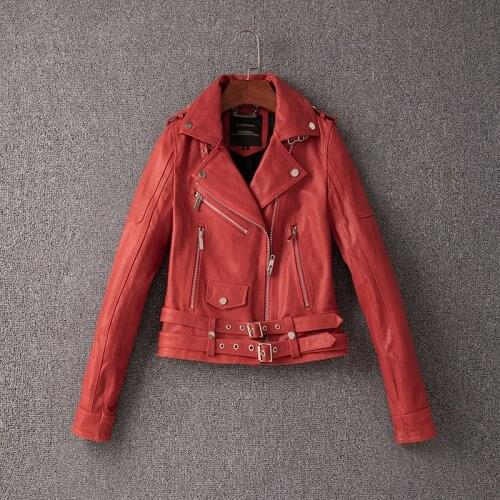 Free shipping.Women short genuine Leather jacket.Motor biker slim leather coat.Red quality tanned sheepskin leather clothing
