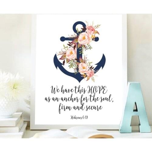 Bible Verse Hebrews 6:19 Quote Print Scripture Wall Art Canvas Painting Watercolor Anchor Flower Religious Poster Home Decor