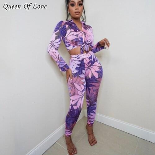 Leaf Print Colorful Long Sleeve Shirt Blouse Top Legging Pants Set Two Piece Set Autumn Matching Set Party Clubwear Outfits