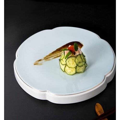 Household Golden Edge Display Plate Cutlery Tray Ceramic Round Exquisite Display Plate Restaurant Main Course Tableware Supplies
