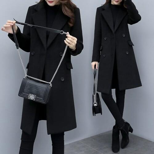 Black Retro Cashmere Coat Womens Middle Long 2021 Autumn Winter New Suit Collar Fashion Slim Woollen Coat