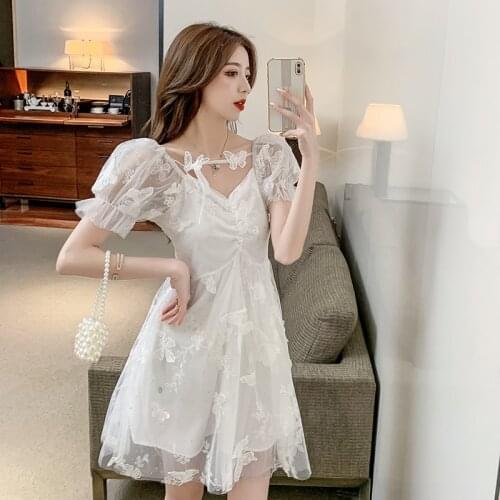 COIGARSAM Women One Piece Korea Dress Summer 2021 New Office Lady Short Sleeve Puff Sleeve Zipper V-Neck White Dresses Robe Traf