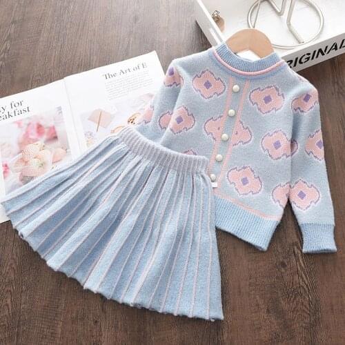 Kids Elegant Princess Knitted Clothing Sets Fashion Fall Winter Kids Knitting Pearls Sweaters And Skirt Outfits Children Clothes