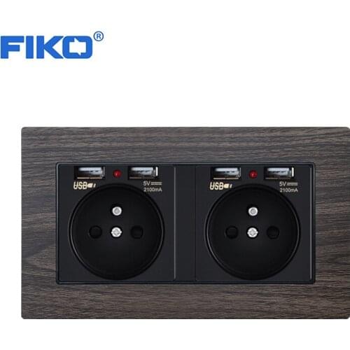 FIKO 16A FR EU Wall Power standard with Dual USB ,146mm*86mm Wood grain Aluminium Alloy Panel family hotel socket 4USB