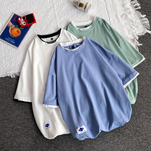 High Quality 2021 Patchwork Tshirt Fashion Oversize Fake Two Pieces T-shirt Mens Short Sleeve Casual O Neck T-Shirt For Man