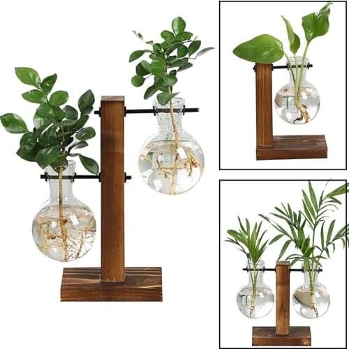 Terrarium Hydroponic Plant Vases Vintage Flower Pot Transparent Vase Wooden Frame Glass Tabletop Plants Home Bonsai Decor