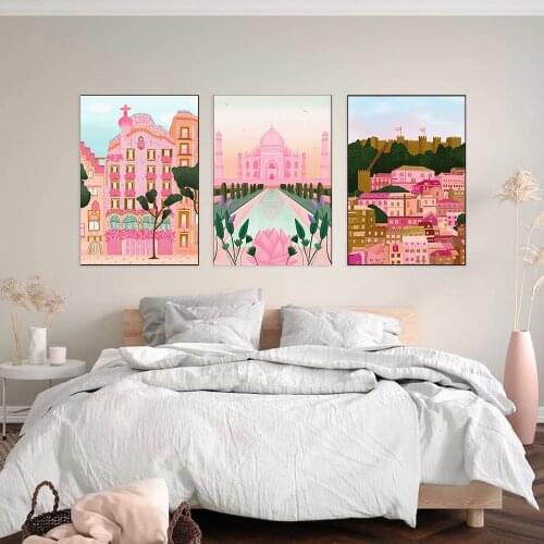 Italy Positano Pisa Lisbon Barcelons Building Poster Pink Moscow Print Canvas Wall Art Painting Nordic Travel Decoration Picture