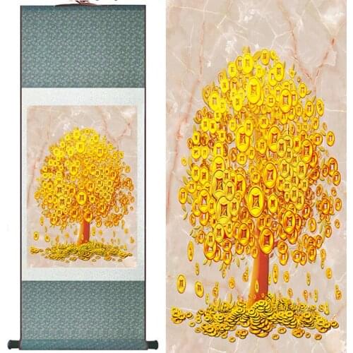 Money tree painting Chinese traditional art painting top quality silk scorll painting money tree picturePrinted painting