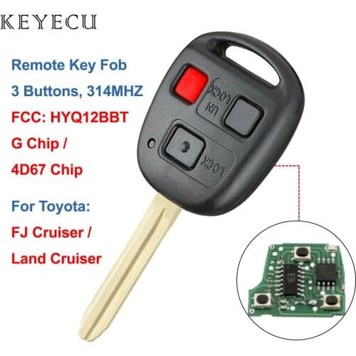 Keyecu Remote Car Key Fob 3 Buttons 314MHz G / 4D67 Chip TOY43 Blade for Toyota FJ Cruiser, Land Cruiser - FCC ID: HYQ12BBT