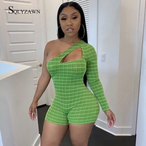 Fashion Plaid Short Jumpsuit Womens Sexy Hollow One Shoulder Long Sleeve Active Romper Fitness Clothes Skinny Overalls Bodycon