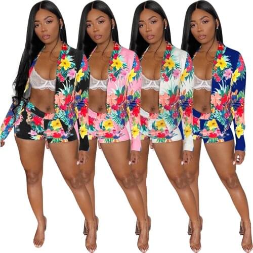 Fashion Printed 2 Pieces Suit Sets Women Long Sleeve Cardigan Top and Mini Shorts Fall Spring Casual Outfit Womans Clothings