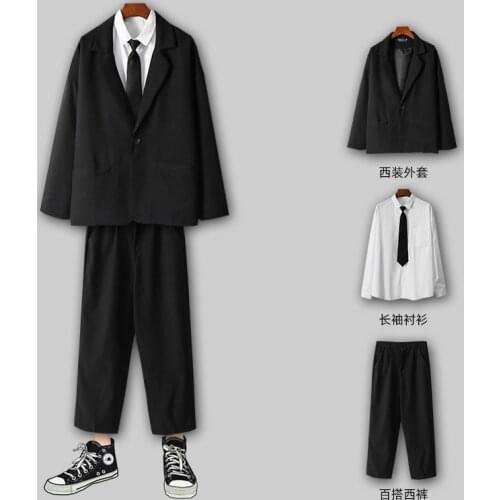 Mens Boys Students Casual DK Uniforms College Style Blazers Jacket Trousers Shirt Three Pieces Set Black Gray M55