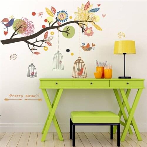 Birds Cage Floral Branch Wall Stickers For Bedroom Living Room Decoration Natural Pastoral Mural Art Diy Scenery Home Decals