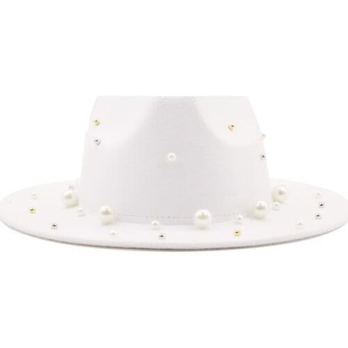 New Women Men Wool Fedora Hat With Big Pearl Gentleman Elegant Lady Winter Autumn Wide Brim Church Panama Sombrero Jazz Cap