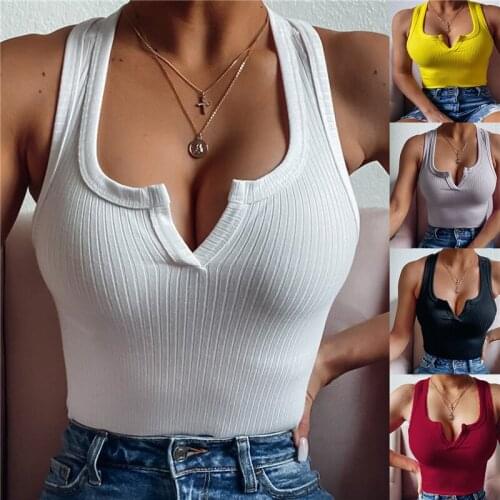 2021 Summer New Slim and Thin Solid Color Half-Open Small V Neck Vest Tank Top Fashion Sexy Sleeveless T-Shirt Women Clothing