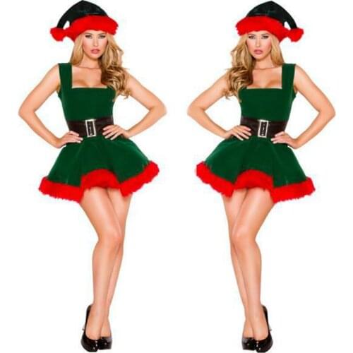 New Year Sexy Christmas Dress Women Christmas Costume For Adult 2018 Green and Red Velvet Female Santa Claus Costume With Belt