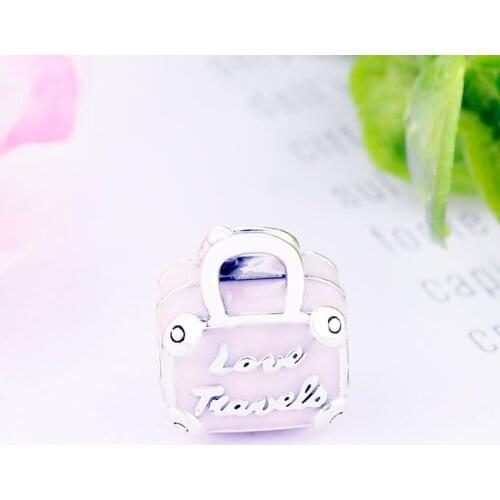 Fit Original Pan Charm Bracelet 925 Sterling Silver Pink Enamel Travel Bag Suitcase Backpack Bead Making Adventure Berloque