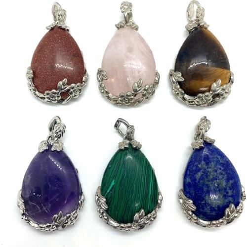 Natural Stone Drop-shaped Tiger Eye Lapis Lazuli Crystal Pendant Carved Inlaid DIY Fashion Handmade Jewelry Making Accessories