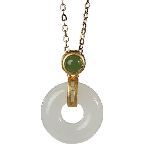 S925 sterling silver gold-plated natural Hetian jade green jade pendant retro personality peace buckle womens pendant