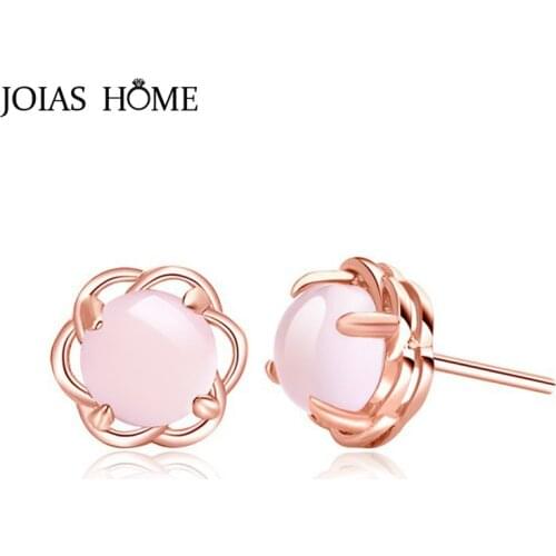 JoiasHome 925 Sterling Silver Earrings Korean Rose Gold with Natural Pink Crystal Flower Stud Earrings Wedding Jewelry Wholesale