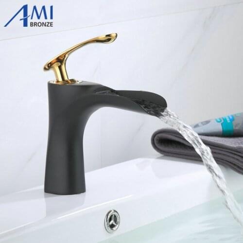 Black Gold Bathroom Basin Faucet Hot and Cold Mixer Tap Black Brass Toilet Sink Water Crane Waterfall