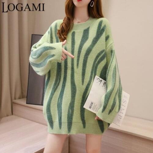 LOGAMI Striped Print Knitted Sweater and Pullover Women Elegant Green Pullovers Womens Autumn Winter Loose Long Sweaters