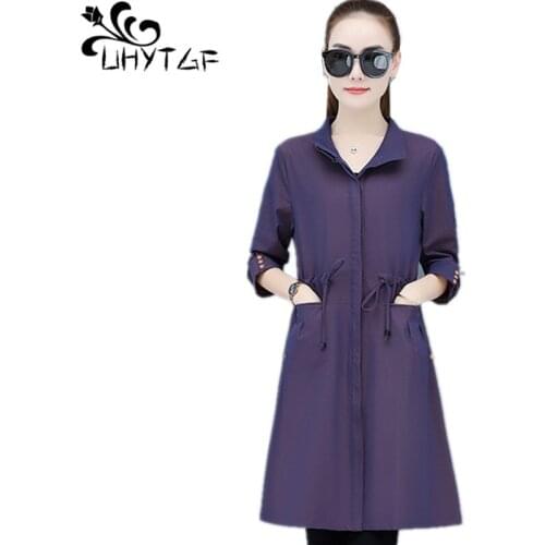 UHYTGF 5XL Plus Size Tops Outerwear Women Spring Autumn Windbreaker Female 2021Fashion Mid-Length Casual Mother Trench Coat 2098