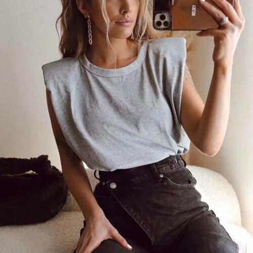 Women Crew Neck Padded Shoulders Sleeveless T-shirt S989