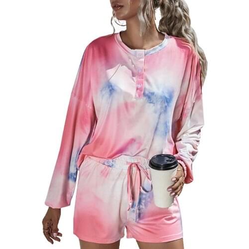 Women Short Sets Pajama Sleepwear Tie-Dye Printed Nightwear Long Sleeve Loungewear Shorts Summer 2021