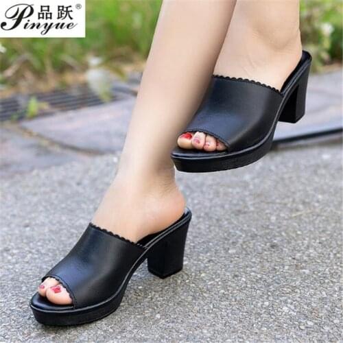 New Ladies Summer Slippers Genuine Leather Shoes Women High Heels Fashion Summer Shoes size 35--41