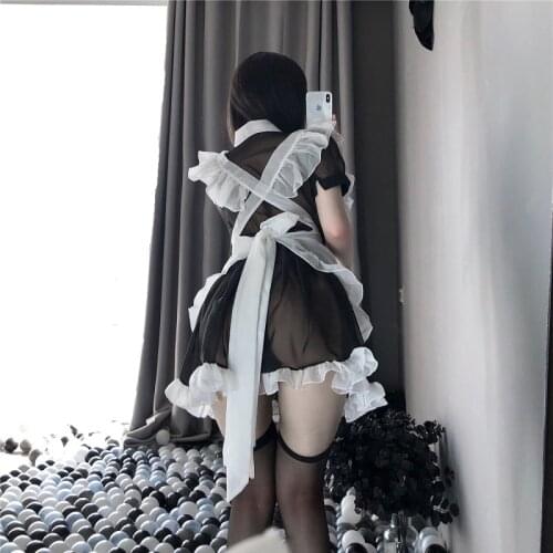 Women Sexy Cosplay Costumes Mesh Kawaii Japanese Style Maid Outfit Apron Girl Rple Play Uniform Home Wear Dress 2021