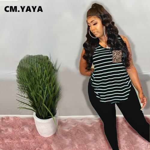 CM.YAYA Women Set Striped Sleeveless Tops Solid Pencil Pants Two 2 Piece Sets Active Tracksuit Casual Sweatsuit Summer Outfits