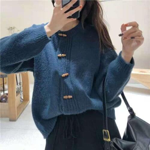 ZAWFL Women Knitted Cardigans Sweater Fashion Autumn Long Sleeve Loose Coat Casual Button Thick O-Neck Solid Female Tops 2021