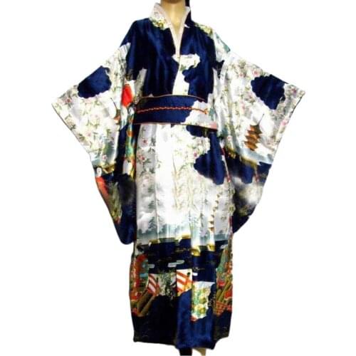 Navy blue Japanese Womens Silk Satin Kimono Yukata Evening Dress Haori Kimono With Obi peri One Size H0016-D