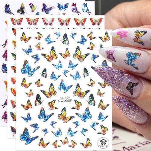 1Pc Butterfly Nail Art Stickers Adhesive Sliders Colorful Blue Flowers Nail Transfer Decals Foils Wraps Decorations