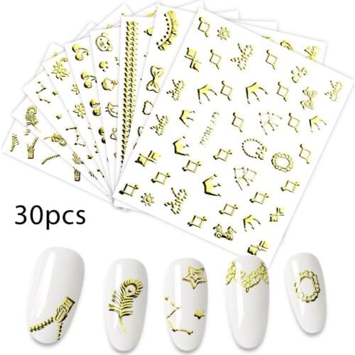 30pcs/set Nail Stickers Gold Graphics Flower Zipper Butterfly Image Nail Glue Sticker Decal Diy Nail Art Decoration