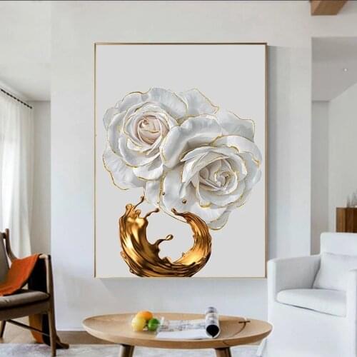 White Rose Flower Golden Ink Splash Abstract Poster Nordic Art Plant Canvas Painting Modern Wall Picture for Living Room Decor