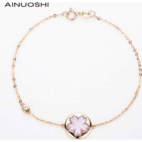 AINUOSHI 18K Rose Gold Real Diamond Pink Mother-of-Pearl Flower Shaped Charm Cute Bracelets Jewelry for Women Wife Gift