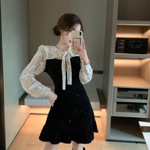 Velvet Lace Hollow Out Black Woman Dress Autumn Vintage Style Perspective Short Dresses Female Clothes Fashion Vestido Feminino