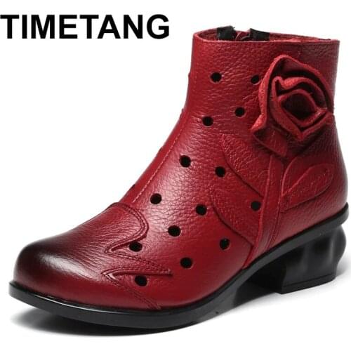 TIMETANGSpring Summer Comfort Short Boots High Quality Women Genuine Leather Shoes Handmade Mothers Shoe Soft Bottom Shoes