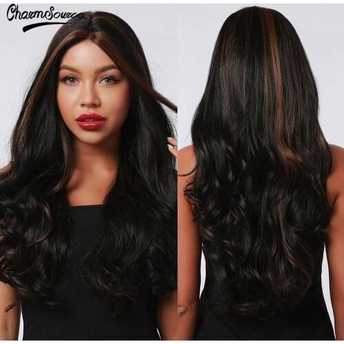 CharmSource Long Wavy Lace Part Synthetic Wigs Blend Black and Brown for Women Daily Hair High Density Heat Resistant Wig