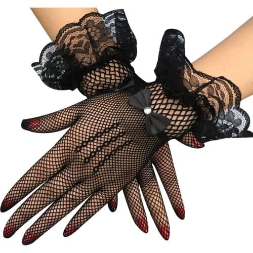Black White Sexy Women Mesh Hollow Out Glove 2021 Fashion Lady Flare Lace Patchwork Crystle Bow Full Finger Goth Hipster Gloves