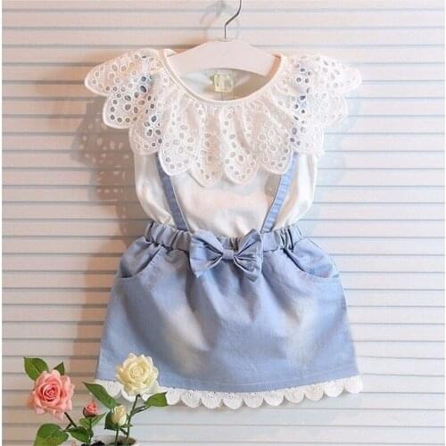 2016 Children Summer Baby Girls Sweet Clothing Sets Girls Summer Clothes Set Cotton Denim Dress Suit Kids Dress Suit