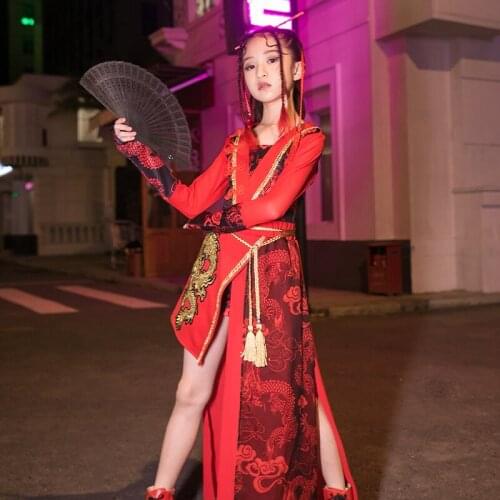 Girls Hip Hop Clothing Jazz Costume Catwalk Suits Long Sleeve Tops Pants Red Chinese Style Show Stage Outfit For Kids DNV14416