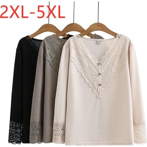 New 2021 Ladies Spring Autumn Plus Size Basic Tops For Women Large Long Sleeve Black Beige Lace V-neck T-Shirt 2XL 3XL 4XL 5XL