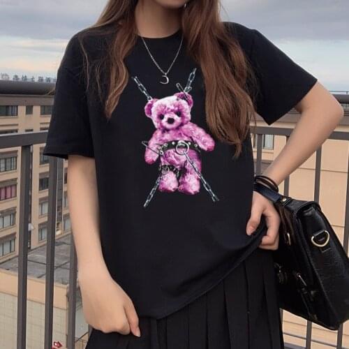 Shinjuku Kawaii Cartoon Bear Tops Print Summer Harajuku Casual Cute Women T-shirt Loose Chic Fashion Gothic Punk Black Clothing