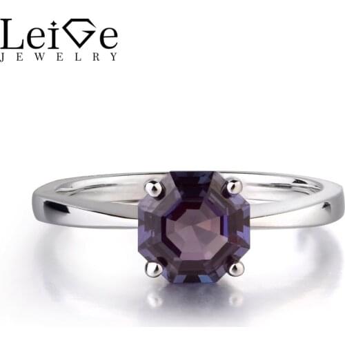 Leige Jewelry Lab Created Alexandrite Rings June Birthstone Octagon Cut Engagement Solitaire Rings For Woman 925 Sterling Silver