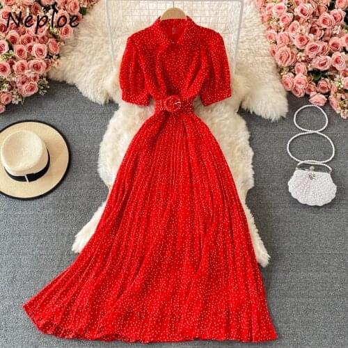 Neploe Puff Sleeve Pleated Dot Print Summer 2021 Maxi Dresses Women High Waist Slim Belt Female Robe Turn Down Collar Vestidos